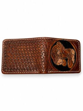 Hand-Tooled Leather Bifold Wallet Basketweave Design Brown